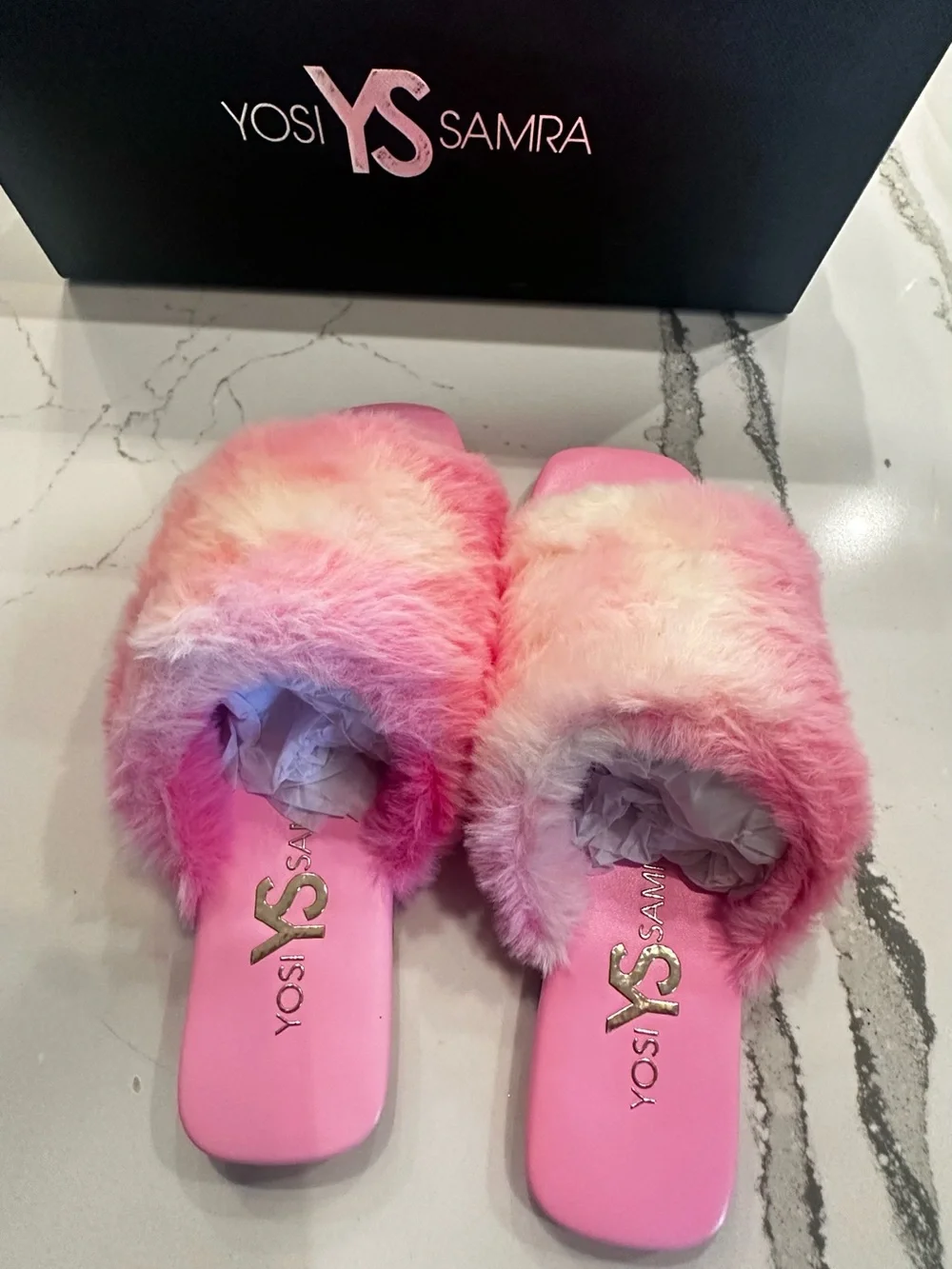 Yosi Samra Pink Plush Faux Fur Slide Sandals